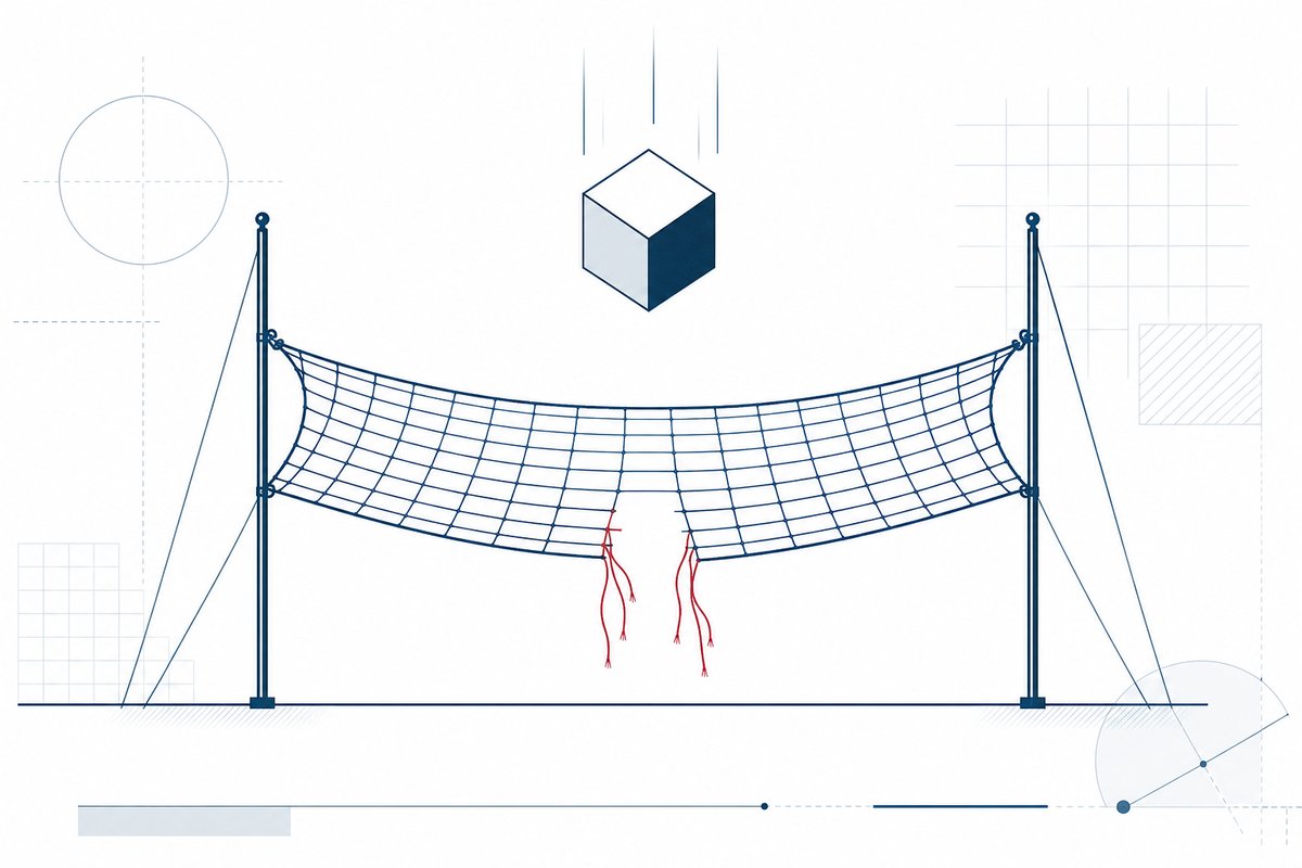 Sicherheitsnetz mit durchtrenntem Segment unter einem fallenden Würfel — Illustration fehlenden Spielerschutzes ohne OASIS